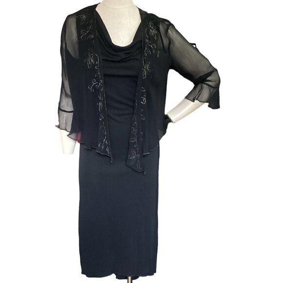 Robbie Bee Silk Sheer Shrug Sz 6 & French Curve Sz M Midi Dress Black #42N - Picture 2 of 13